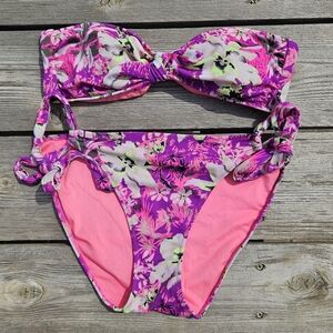 Victoria's Secret Floral Bikini Bandeau Top Full Coverage Tie Bottoms S-M Pink